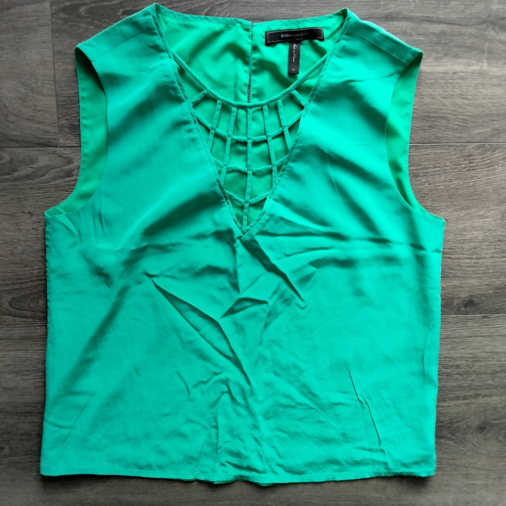 BCBG MaxAzria Emerald Green Elena Silk Caged V-Neck Lined Tank Top Size Medium